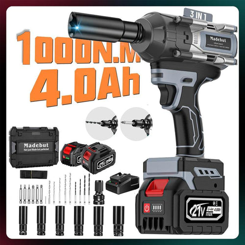 Pistola de Impacto Inalámbrica 1000N.m — Incluye 2 Baterías 4.0Ah + 5 Copas | 3 en 1 Todo en Metal