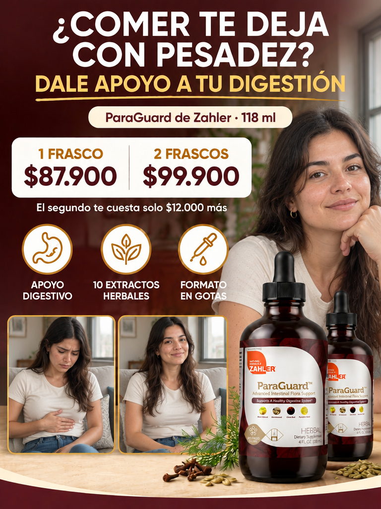 ParaGuard de Zahler: apoyo digestivo en gotas, oferta de 1 o 2 frascos y escenas ilustrativas con una mujer joven.